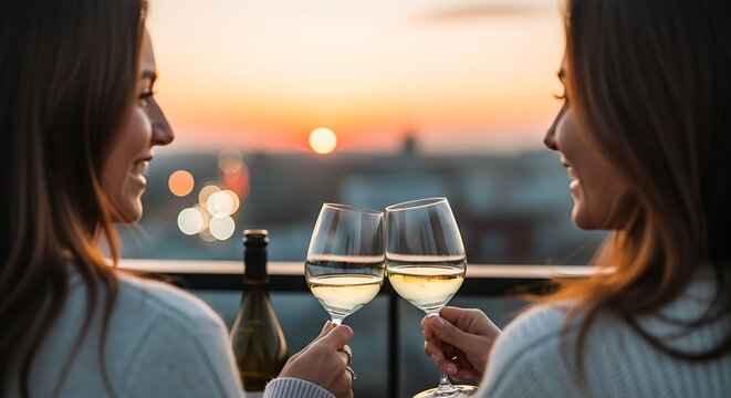 Two women clinking glasses of white wine at sunset rooftop party