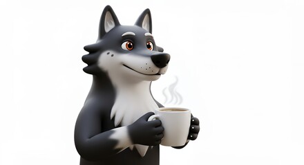 Cartoon wolf character holding cup