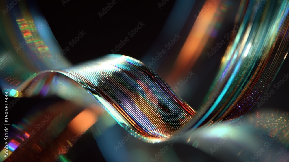 Poster multicolored holographic ribbons gracefully morph and undulate, showcasing intricate patterns and dy