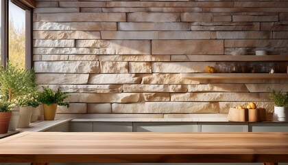 cozy kitchen background for product presentation with light stone wall and wooden table countertop or shelf