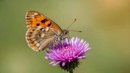 Obraz premium A beautiful orange and brown butterfly rests on a vibrant purple thistle flower, captured in a sharp, detailed close-up with a soft, blurred green and golden background.