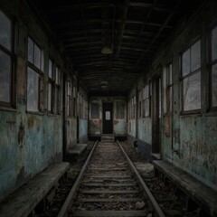 Obraz premium Inside abandoned train carriage with weathered walls, wooden benches. Railway tracks lead through derelict interior. Grungy, atmospheric scene evokes forgotten journeys, decay. Moody lighting