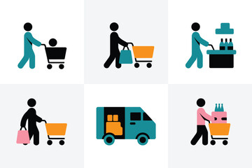 Collection of stylized people and a delivery van representing shopping and commerce