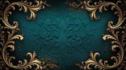 Exquisite gilded scrollwork against a textured teal backdrop for opulent design