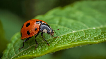 A macro shot of a ladybug with its iconic red and black shell, perched on a vibrant green leaf with intricate textures and a blurred green background.