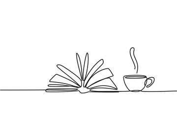 Continuous line drawing of an open book and a steaming cup of coffee