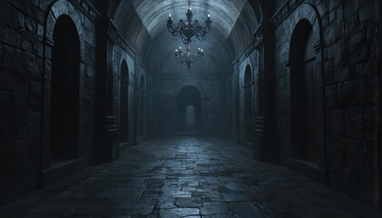 Long dark stone corridor within medieval dungeon castle hall. Arched doorways line walls, leading deeper into gloomy, empty passage. Ornate chandeliers hang from high, vaulted ceiling, casting eerie