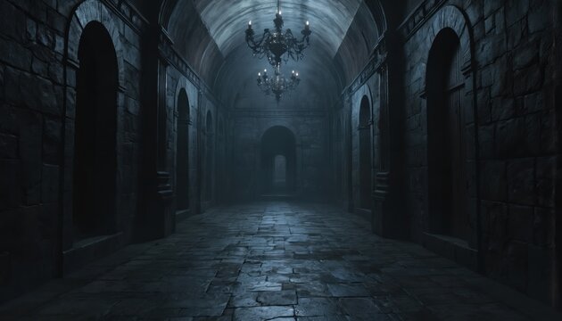 Long dark stone corridor within medieval dungeon castle hall. Arched doorways line walls, leading deeper into gloomy, empty passage. Ornate chandeliers hang from high, vaulted ceiling, casting eerie
