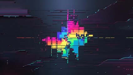 Vibrant digital disruption forming a colorful pixelated anomaly. An abstract representation of data corruption and futuristic technology.