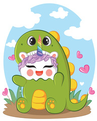 Cute unicorn wearing dinosaur costume