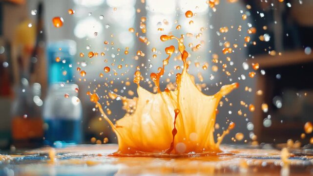 A splash of orange liquid paint creates mesmerizing slowmotion patterns against a bright background. This display exudes energy, vibrancy, showcasing engaging artistry captivates the spectators eye
