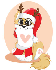 funny puppy in the gift boxes. Getting christmas card.
