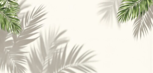 Obraz premium Shadows from tropical palm leaves cast abstract patterns on smooth, light beige background. Minimalist overlay effect suggests sunlight filtering through foliage, creating serene, natural ambiance.