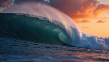 Massive ocean wave barrels at sunset. Turquoise water curls, forming powerful tube against vibrant orange sky with dramatic clouds. Spray mist fills air. Dynamic seascape, surf energy, tropical