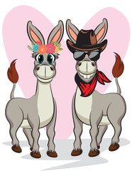 Cute couple animal cartoon donkey for Valentines Day Card.