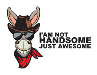 Cartoon funny cowboy donkey mascot. donkey motivational and inspirational vector poster. Simple cute donkey drawing with lettering. You are handsome quote.