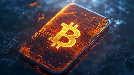 Modern smartphone with glowing orange bitcoin logo on screen placed on dark futuristic surface, symbolizing digital currency, blockchain finance, innovation, and the mobile evolution of cryptocurrency - Powered by Adobe