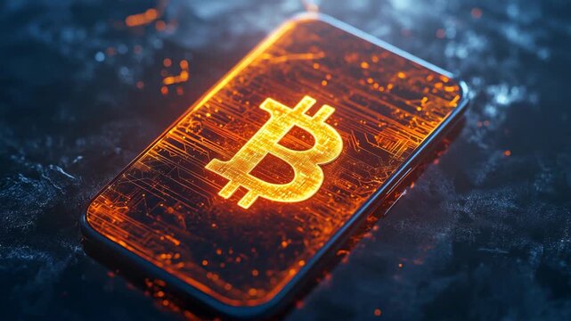 Modern smartphone with glowing orange bitcoin logo on screen placed on dark futuristic surface, symbolizing digital currency, blockchain finance, innovation, and the mobile evolution of cryptocurrency