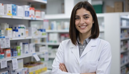 Young Italian pharmacist, woman, smiles confidently. Stands in modern pharmacy, arms crossed, wearing white lab coat. Shelves stocked with medicines, health products create pro backdrop for