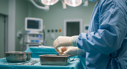 Surgeon in sterile operating room, meticulously preparing surgical instruments.