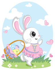 Easter cute bunny sitting with basket of colored eggs on background of spring nature