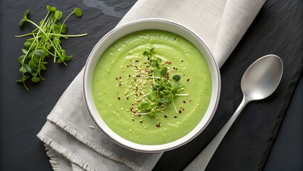 Healthy Green Vegetable Soup with Microgreens and Sesame Seeds in a White Bowl