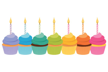 Colorful cupcakes with lit birthday candles in a row
