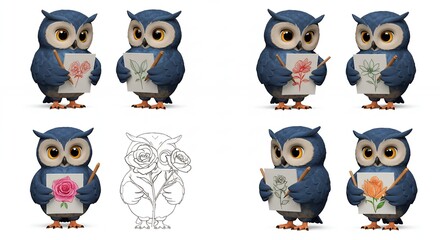 Fototapeta premium Owls drawing flowers illustration set