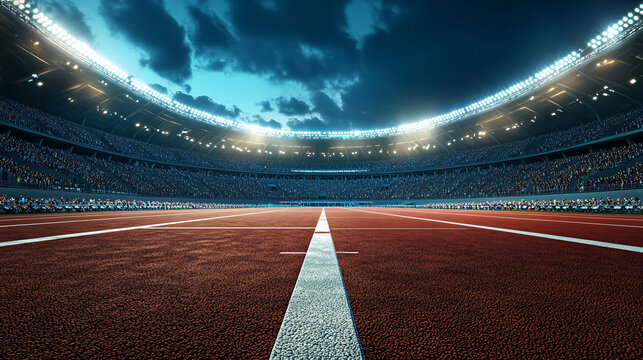 A panoramic night view of a professional long jump event in a stadium, with bright lights and a full audience.