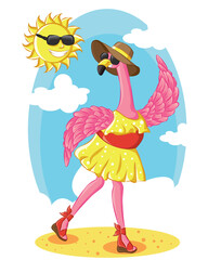Beautiful pink flamingo wearing summer hat with sun on the beach vector illustration. © Ridwan