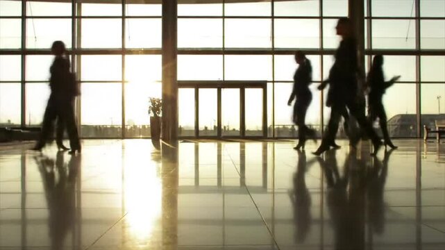 Silhouettes of business people walking in a modern office at sunset.