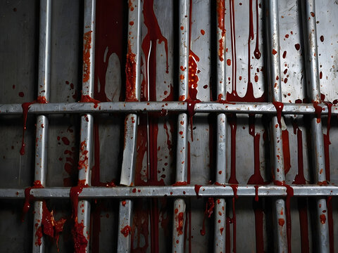 Bleeding behind Bars: A chilling scene of dripping red blood streaks down the metallic bars of a cell, portraying a gritty and unsettling ambiance.