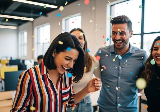Woman In A Striped Shirt Laughs With Joy As Diverse Colleagues And Friends Celebrate With Her Under A Shower Of Falling Confetti At An Office Party, Office Fun, Team Celebration