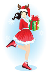 Women with santa dress holding gift box.