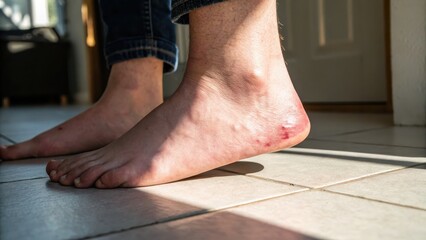 Swollen Ankle with Redness on Tiled Floor