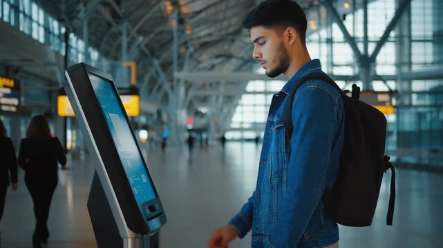 A male traveler man using advanced technology at selfservice kiosk in spacious airport terminal designed for efficiency, creating a seamless checkin experience focused on ease, comfort for passengers