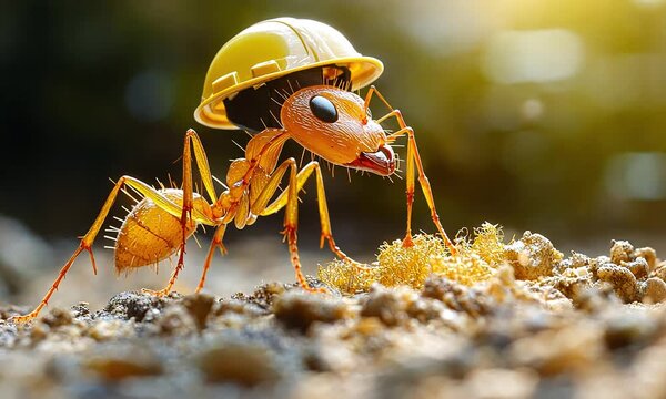 A hard-working ant wearing a construction helmet