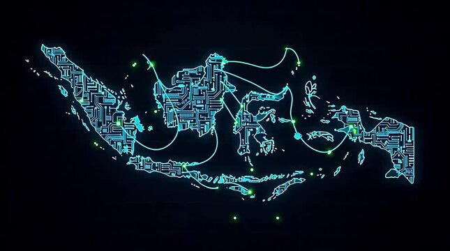 Futuristic glowing circuit board style map of  Indonesia