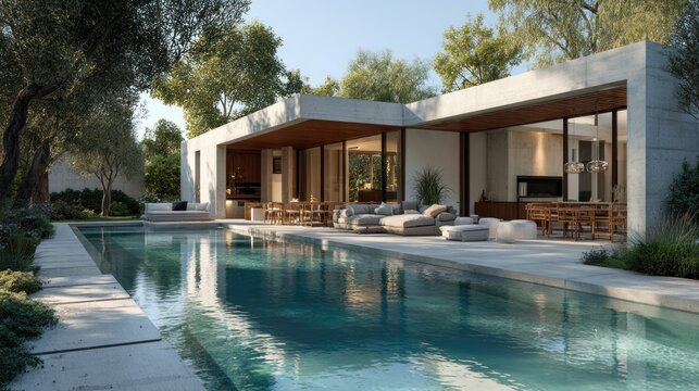 Luxury Villa with Swimming Pool Amidst Lush Greenery on a Sunny Day