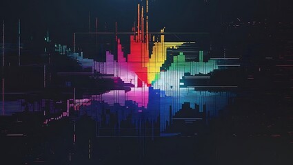 Conceptual digital audio waveform and colorful frequency spectrum. Abstract technology background with a glitch visualization effect.