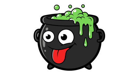 Cartoon Vector SVG Illustration of a Smiling Cauldron with Green Potion Bubbles for Spooky Designs
