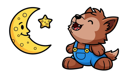 Illustration Vector SVG of Cartoon Wolf with Moon and Star Cute Flat Design