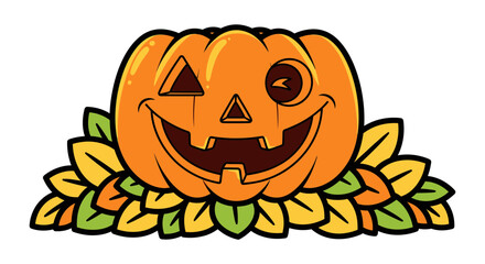 Halloween Vector SVG Illustration of Smiling Jack O Lantern with Leaves in Flat Design