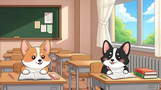 Corgi Classroom: Animated Dogs Studying in School Cute Cartoon Animals Learning.