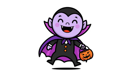 Fototapeta premium Halloween Vector SVG Illustration of Cartoon Vampire with Pumpkin in Black and Purple Flat Design