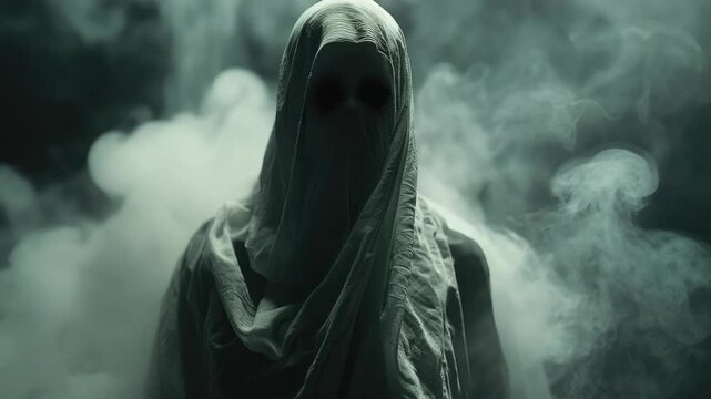 An ominous and haunting scene of a ghostly figure shrouded in mist, standing alone against the dark backdrop. The eerie atmosphere suggests an unexplained mystery or supernatural occurrence.