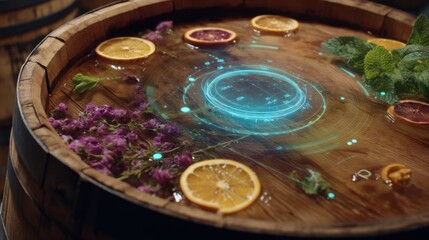 Wooden barrel filled with fermenting liquid, featuring a digital sensor displaying temperature and ph levels, surrounded by natural ingredients like citrus slices, herbs, and botanicals