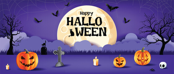 Spooky Halloween Party Banner with Pumpkins and Full Moon