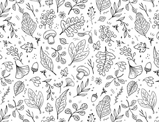 Hand-drawn seamless forest pattern in black and white. Vector sketch style with leaves, mushrooms, berries, and branches. Great for coloring books, wallpaper, textile, nature themes.