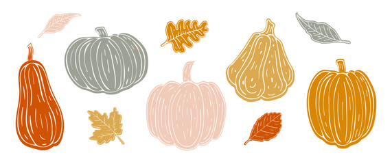 Vector set of hand-drawn pumpkins and autumn leaves. Flat minimal style in warm orange, beige, and sage green. Ideal for stickers, DIY crafts, seasonal decor, prints, cards, invitations.